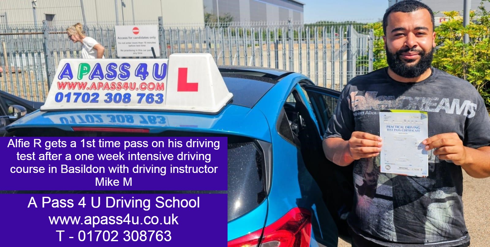 Alfie R passes his test after mid size driving course with automatic driving instructor Mike M in Basildon, Essex.