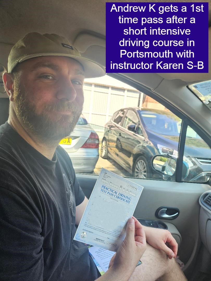 Andy K gets a 1st time pass after an intensive driving course in Portsmouth with the legend that is driving instructor Karen S-B.