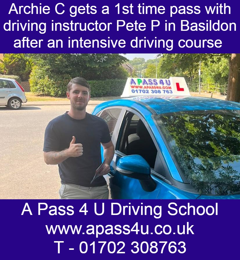 A 1st time pass for Archie C after a one week driving course with driving instructor Pete P in Basildon, Essex. Courses available now!