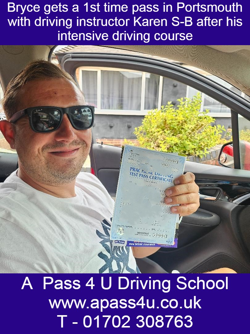 Bryce gets a 1st time pass after his driving course in Portsmouth with driving instructor Karen S-B. Courses available in Portsmouth now!