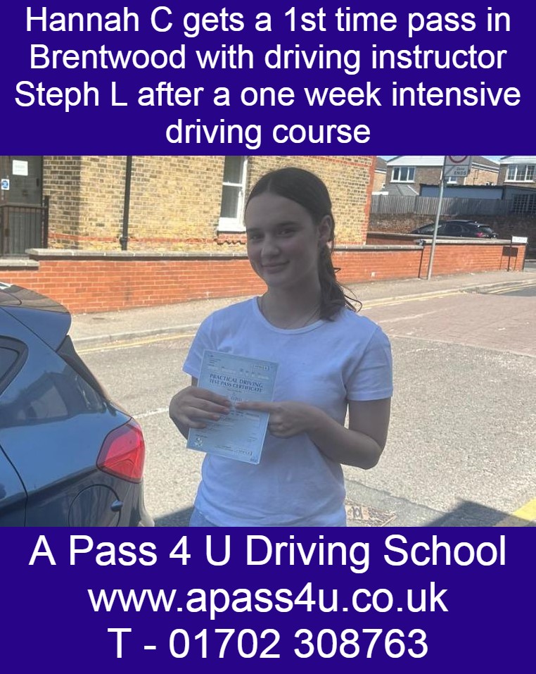 Hannah C gets a 1st time pass after a one week driving course in Brentwood, Essex with driving instructor Steph L. Courses available now!