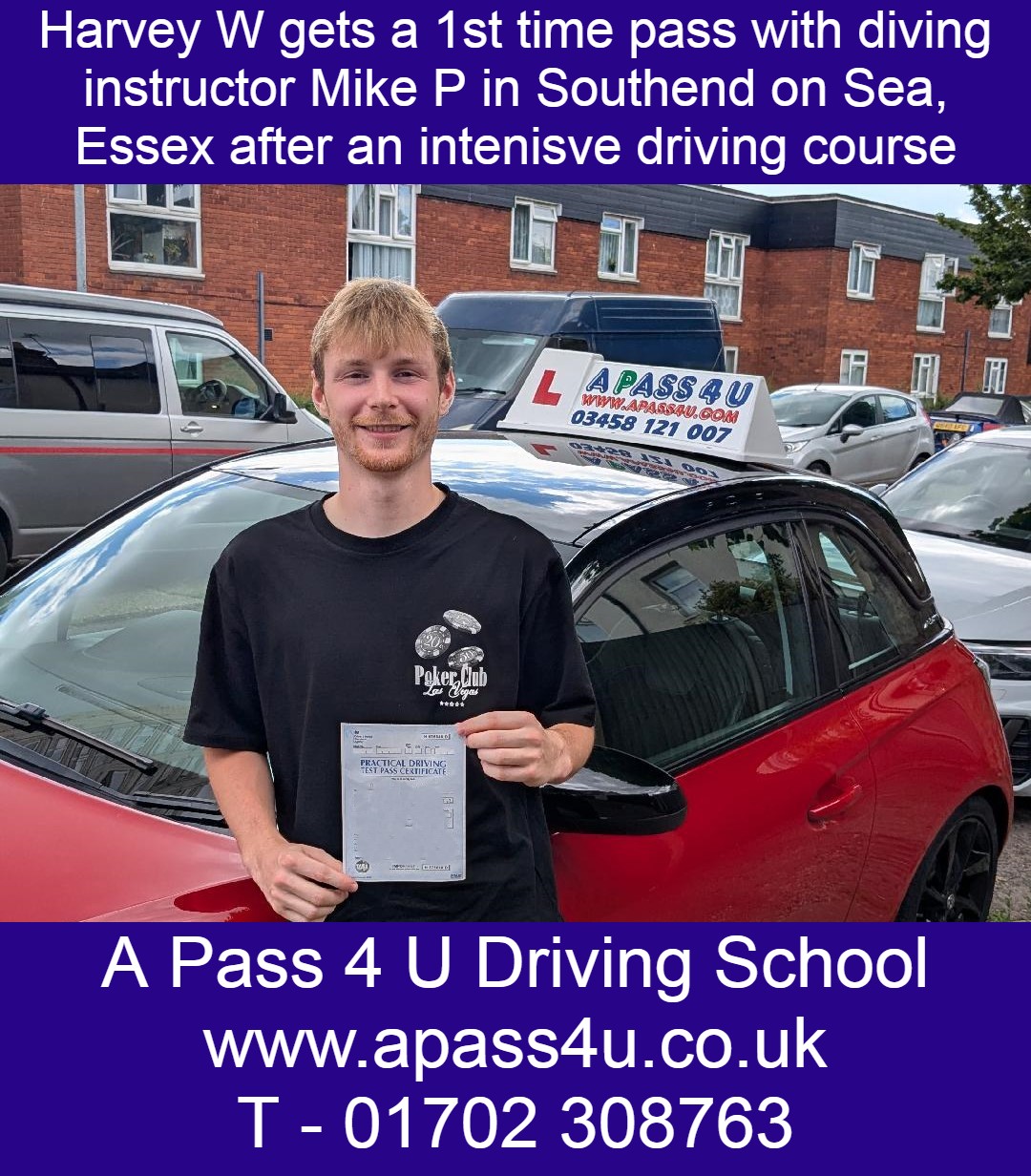 Harvey W gets a 1st time pass after a driving course in Southend, Essex, with driving instructor Mike P. Courses available now!