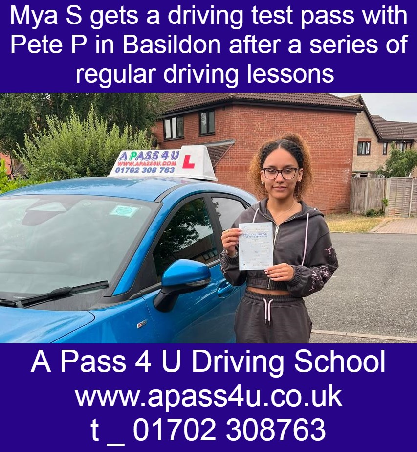 Mya S gets a 1st time pass after regular manual driving lessons in Basildon, Essex, with DVSA driving instructor Pete P. Get driving Now!
