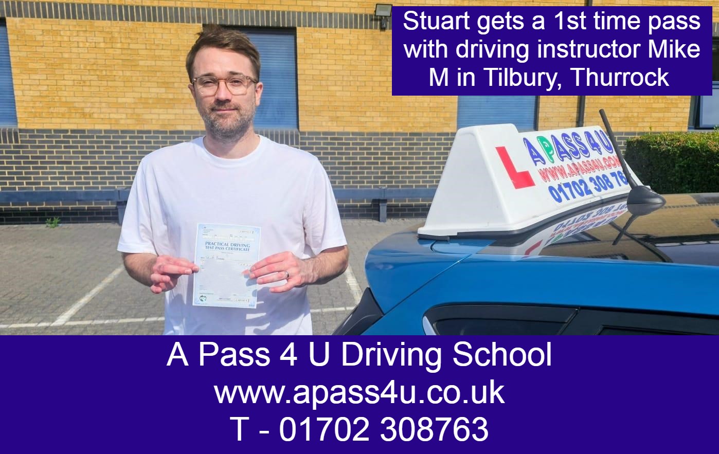 Stuart gets a 1st time pass with driving instructor Mike M in Thurrock after a series of automatic driving lessons in the Thurrock area.