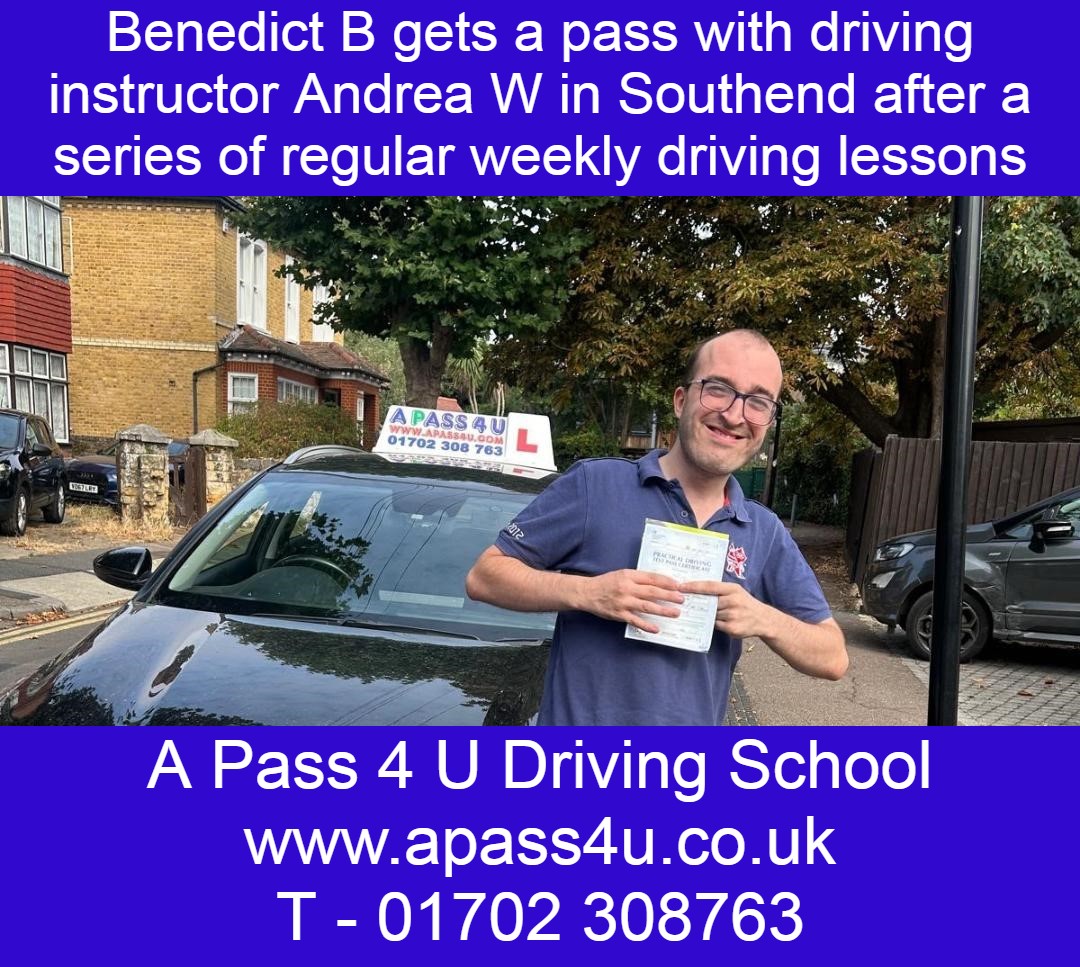 Benedict B gets a pass with driving instructor Andrea after regular driving lessons in and around the Southend on Sea, Essex area.