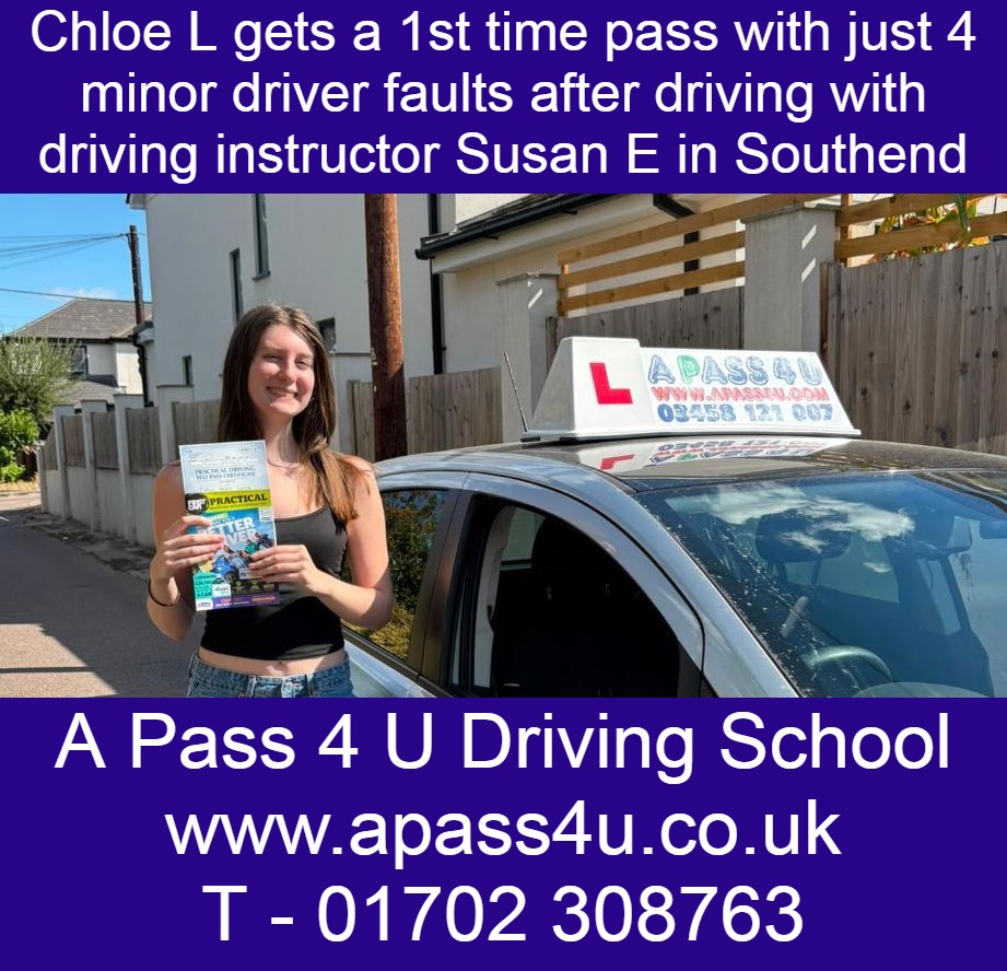 Chloe L gets a 1st time pass with driving instructor Susan in Southend on Sea, Essex. Driving Lessons & Intensive Courses available Now!