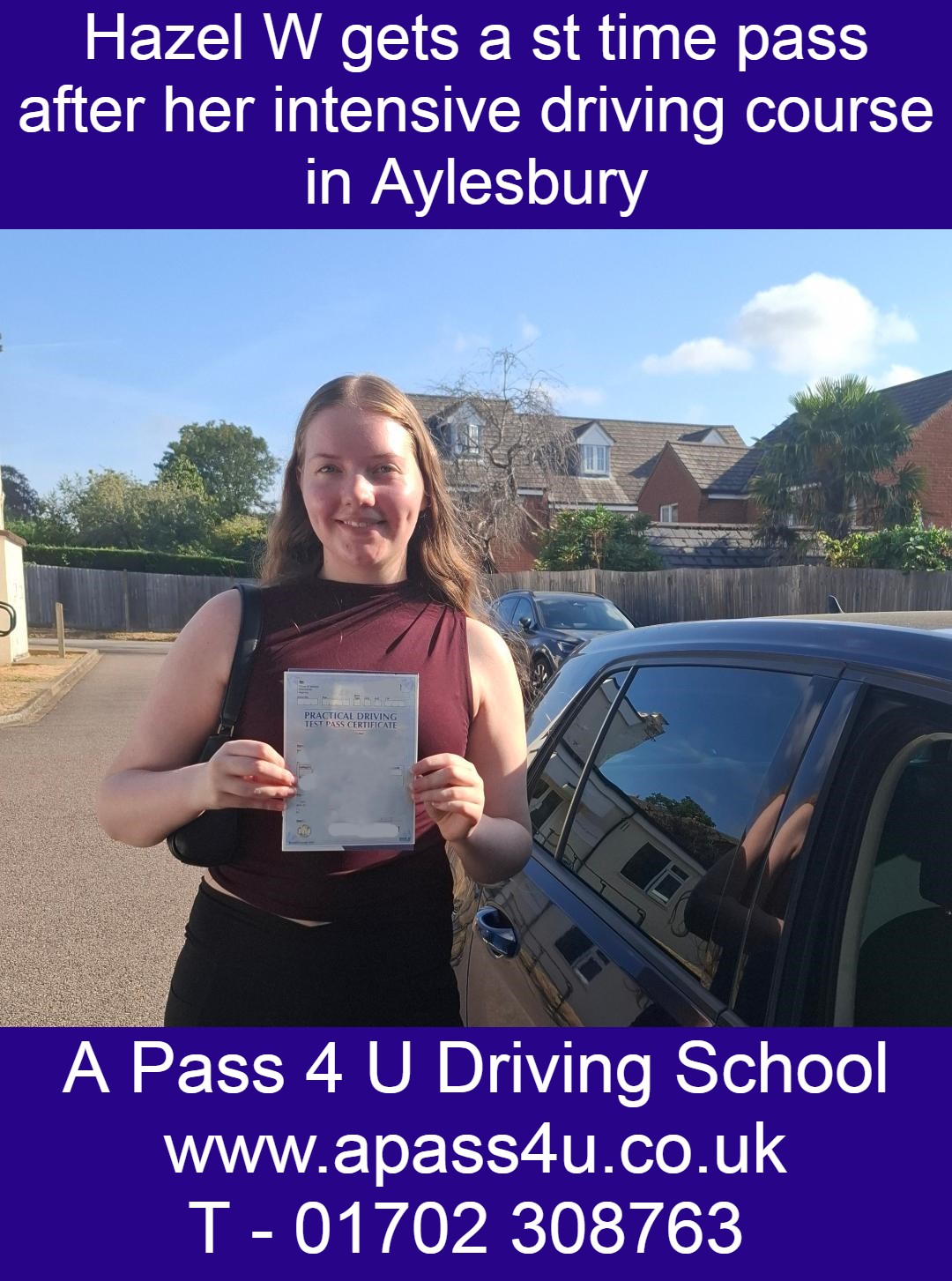 Hazel W gets a 1st time pass with ADi Mark W-J on an intensive driving course in Aylesbury. Driving Courses available now!