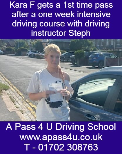 Kara F gets a 1st time pass with driving instructor Steph L in Essex after a one week intensive driving course. Essex Driving Courses.