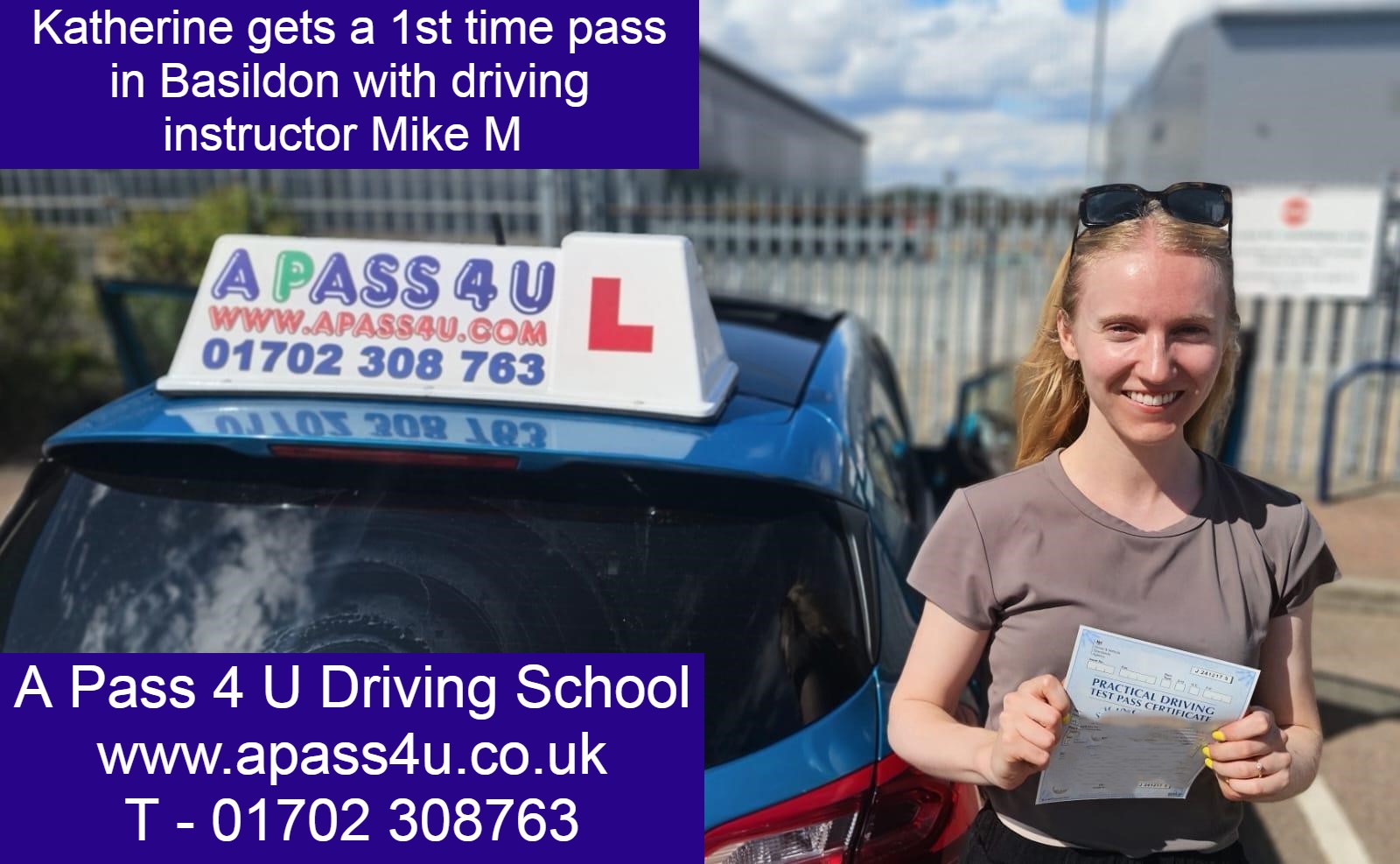 Katherine M gets a 1st time pass with driving instructor Mike M in Basildon, Essex, after a short intensive driving course.
