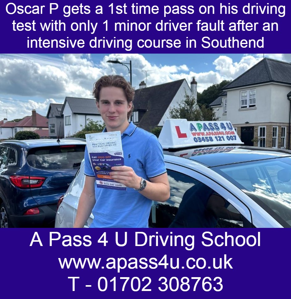 Oscar P gets a 1st time with 1 minor fault pass after his intensive driving course with driving instructor Susan E in Southend on Sea, Essex.