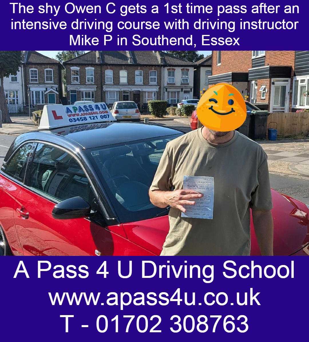 Owen C gets a 1st time pass on an intensive driving course in Southend on Sea, Essex with driving instructor Mike P.