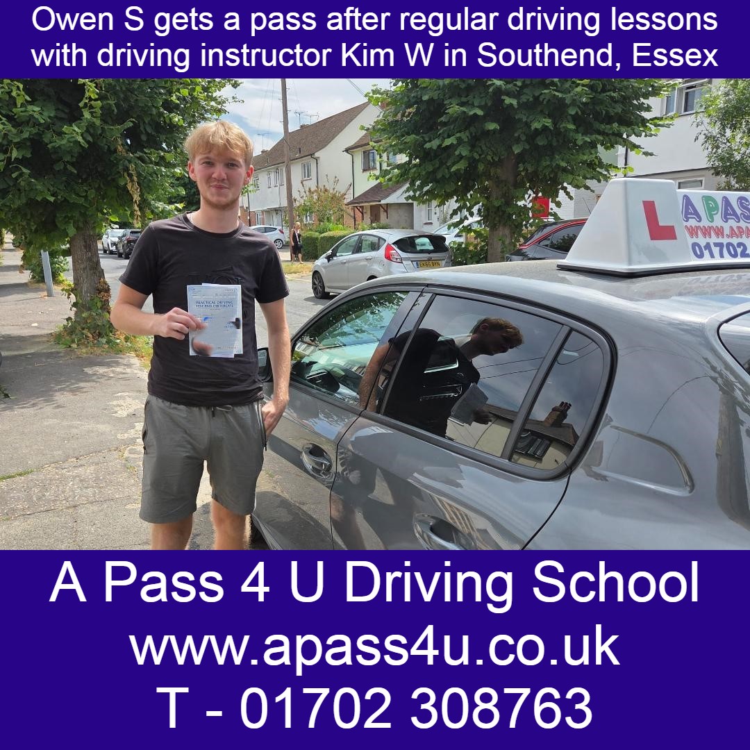 Owen S gets a pass with driving instructor Kim W in Southend after a series of regular driving lessons. Driving Lessons available now!