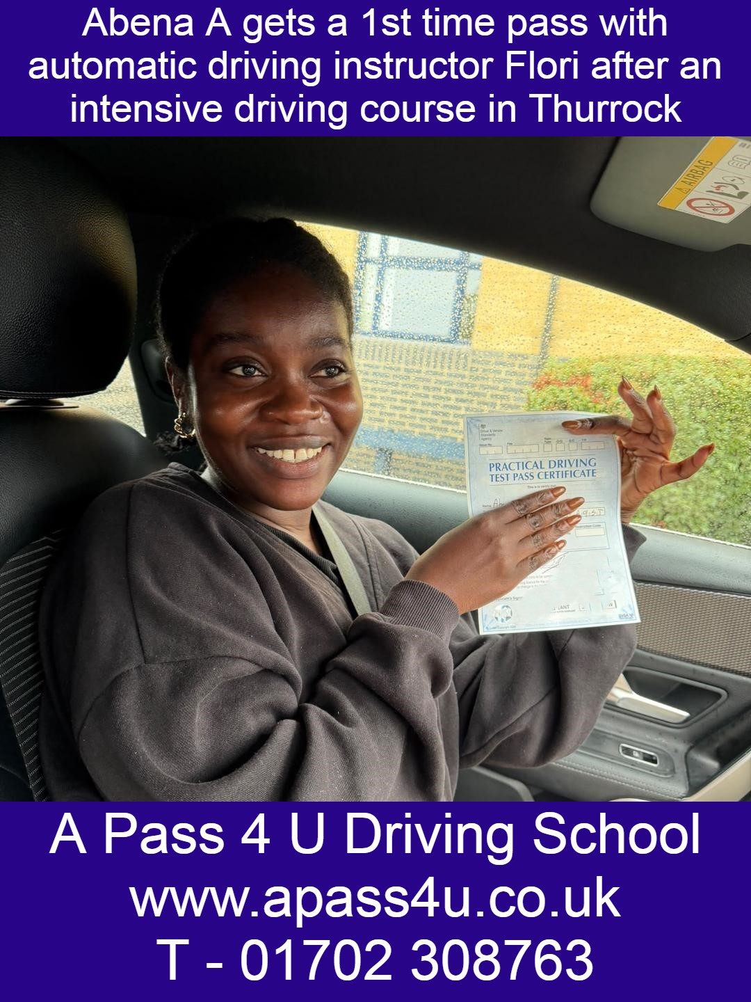 Abena A gets a 1st time pass with auto instructor Flori in Thurrock, Essex, after a one week intensive driving course.
