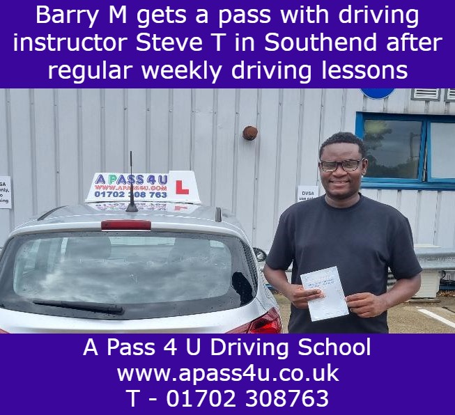 Barry M gets a 1st time pass with driving instructor Steve T after a series of regular weekly driving lessons in Southend on Sea, Essex.