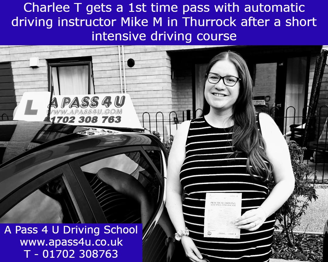 Charlee T gets a 1st time pass with automatic driving course instructor Mike M in and around the Thurrock, Essex.