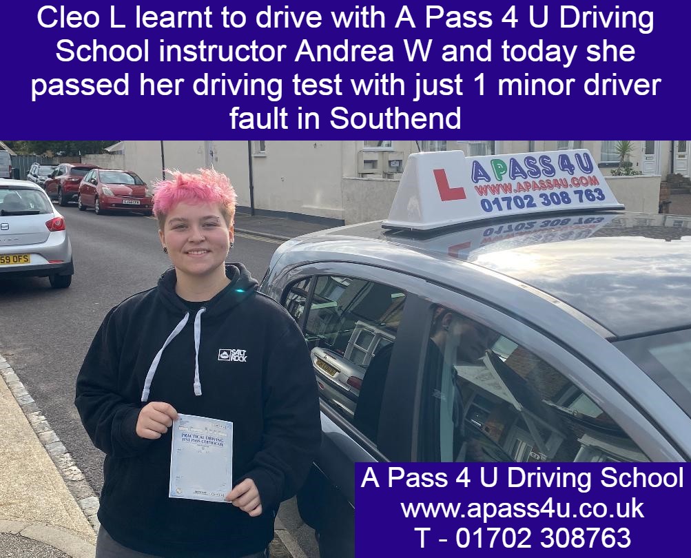Cleo L gets a 1minor pass with driving instructor Andrea W in Southend on Sea, Essex, after a series of weekly manual driving lessons.