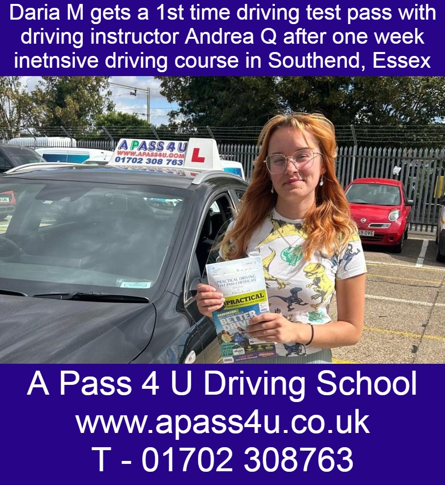 Daria gets a 1st time pass with driving instructor Andrea after an intensive driving course in and around Southend on Sea, Essex.