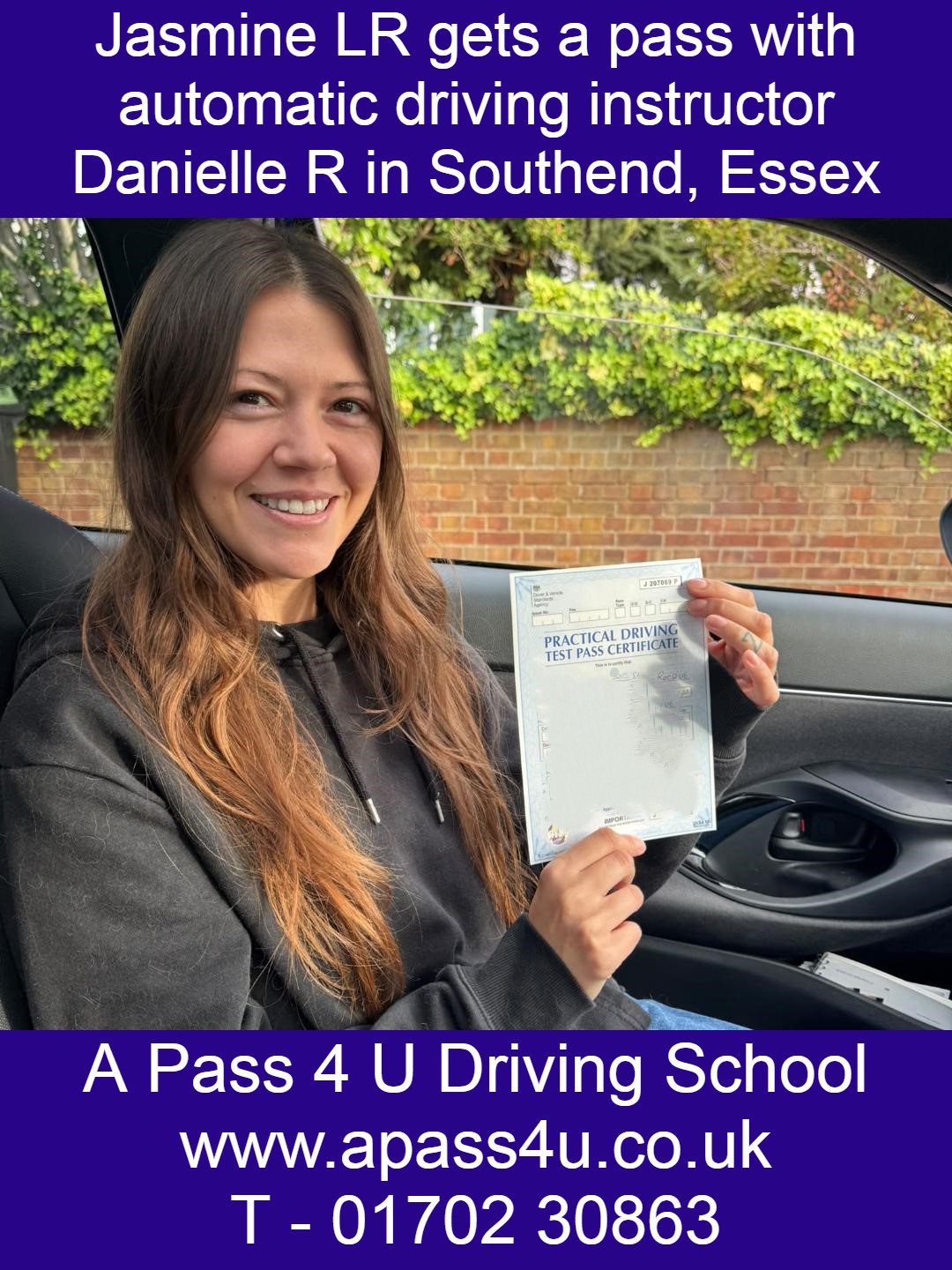 Jasmine LR gets an automatic pass with driving instructor Danielle R in Southend on Sea, Essex. Driving Tuition available now!