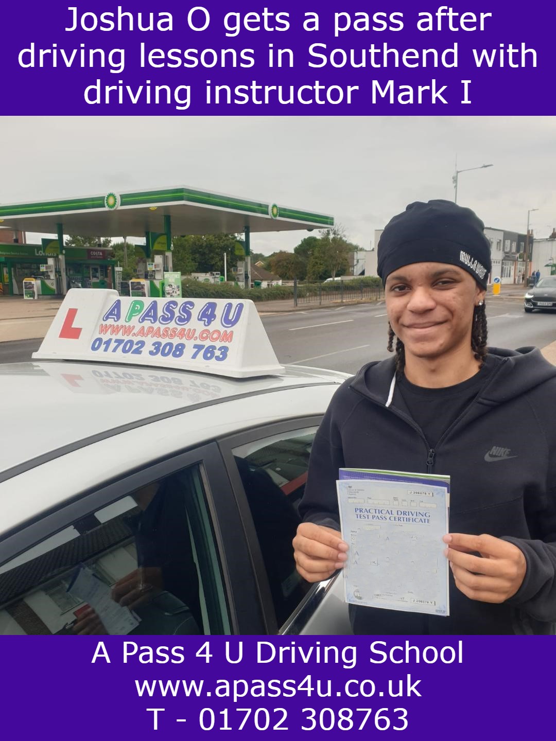 A very happy Joshua O after getting his licence at the Southend driving test centre in Southend on Sea, Essex. Driving Lessons available now!