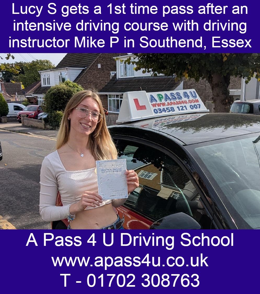 Lucy S gets a 1st time pass on one week intensive driving course with driving instructor Mike P in Southend on Sea, Essex.