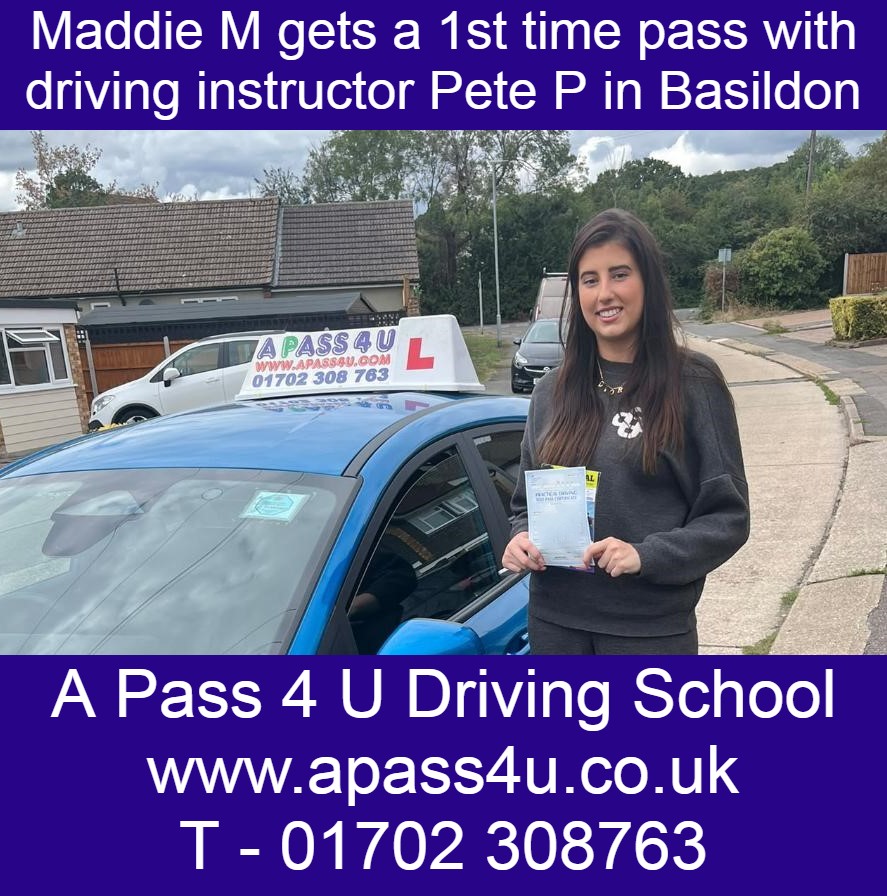 Maddie M gets a 1st time pass with driving instructor Pete P as part of a one week intensive driving course in and around Southend on Sea