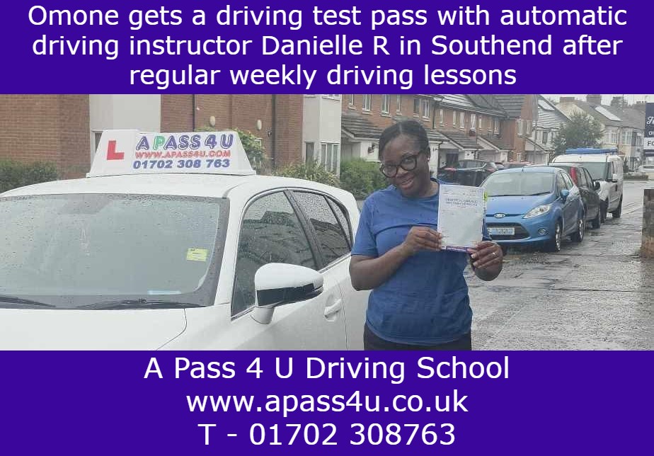 Omone gets a pass with driving instructor Danielle R after a series of regular driving lessons in and around the Southend on Sea, Essex.