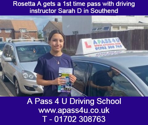 Rosetta A gets a 1st time pass with instructor Sarah D in Southend, Essex after a series of regular weekly driving lessons.