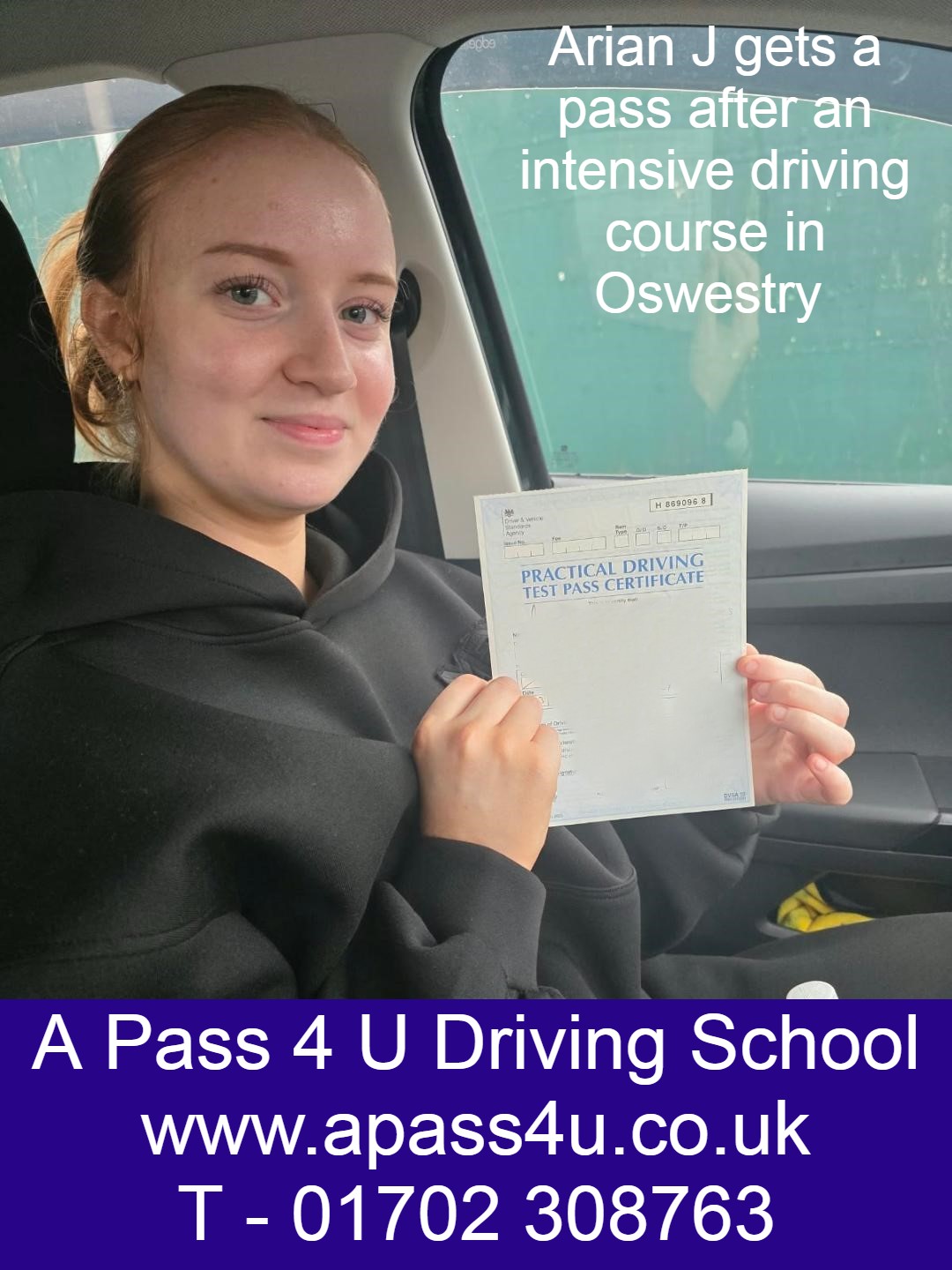 Arian J gets a pass after an intensive driving course with Gary L in Oswestry, Shropshire. Intensive driving courses available in Oswestry.