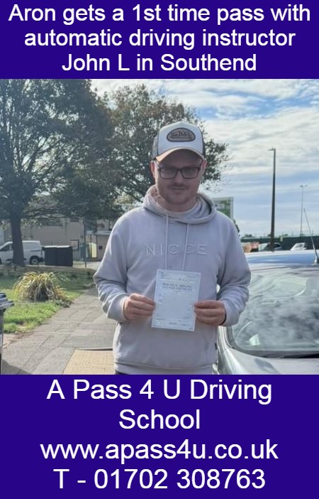 Aron gets a pass with automatic driving instructor John L after a series of automatic driving lessons around Southend, Essex.