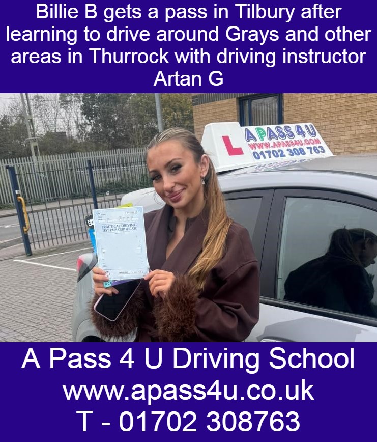 Billie B gets a 1st time pass with driving instructor Artan G in Tilbury after having driving lessons around Thurrock.