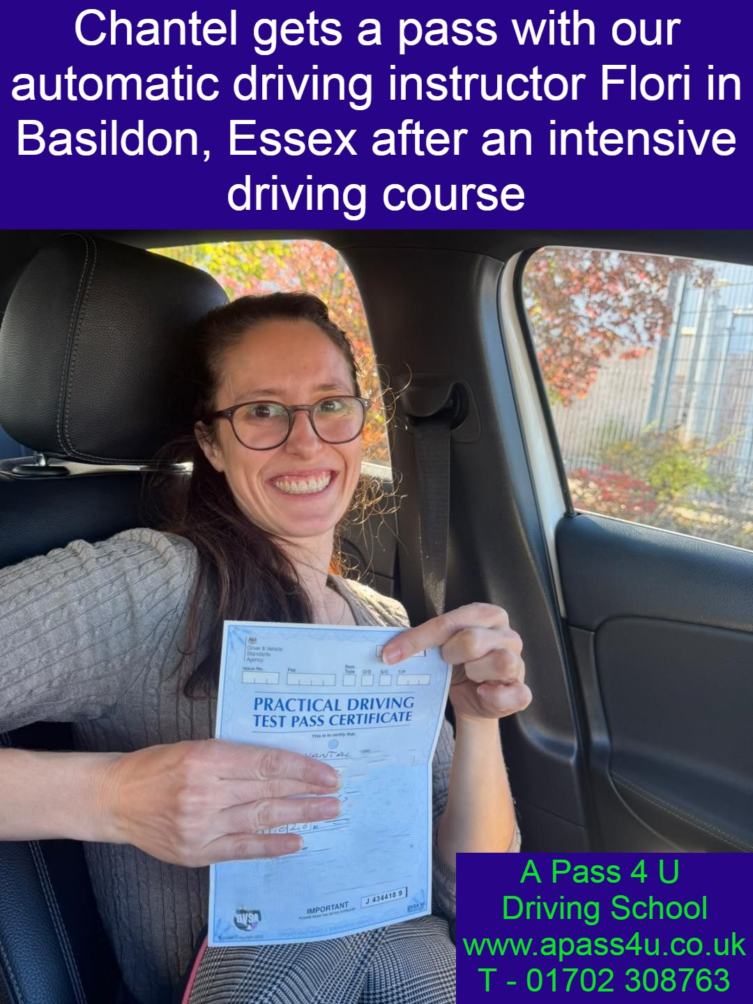 Chantel gets a pass with automatic driving instructor Flori after a short intensive driving course in Basildon, Essex.