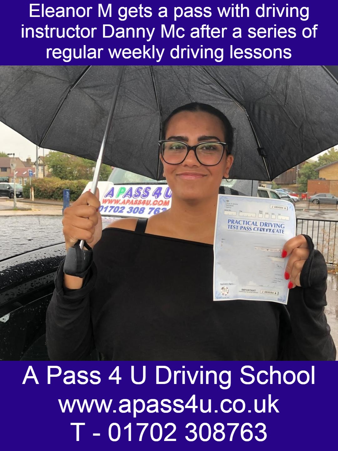 Eleanor M gets a pass with automatic driving instructor Danny Mc after weekly driving lessons in Southend, Essex.