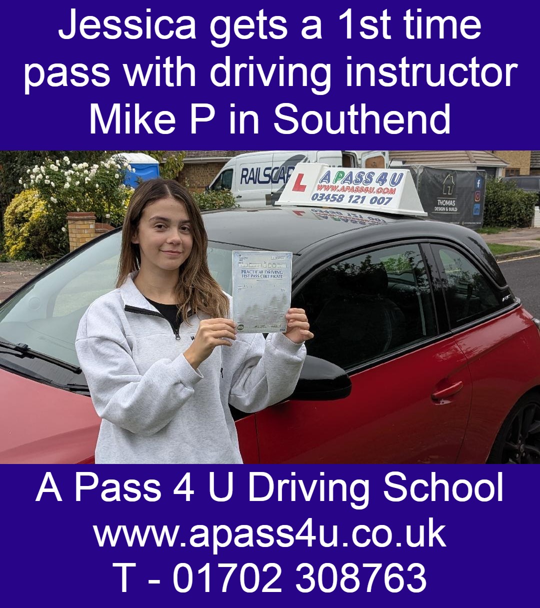 Jessica P passes 1st time with driving instructor Mike P after an intensive driving course in Southend on Sea, Essex.