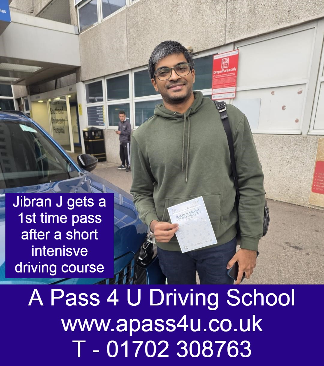 Jibran J gets a pass after a short automatic driving course with automatic driving instructor John L in Southend on Sea, Essex.