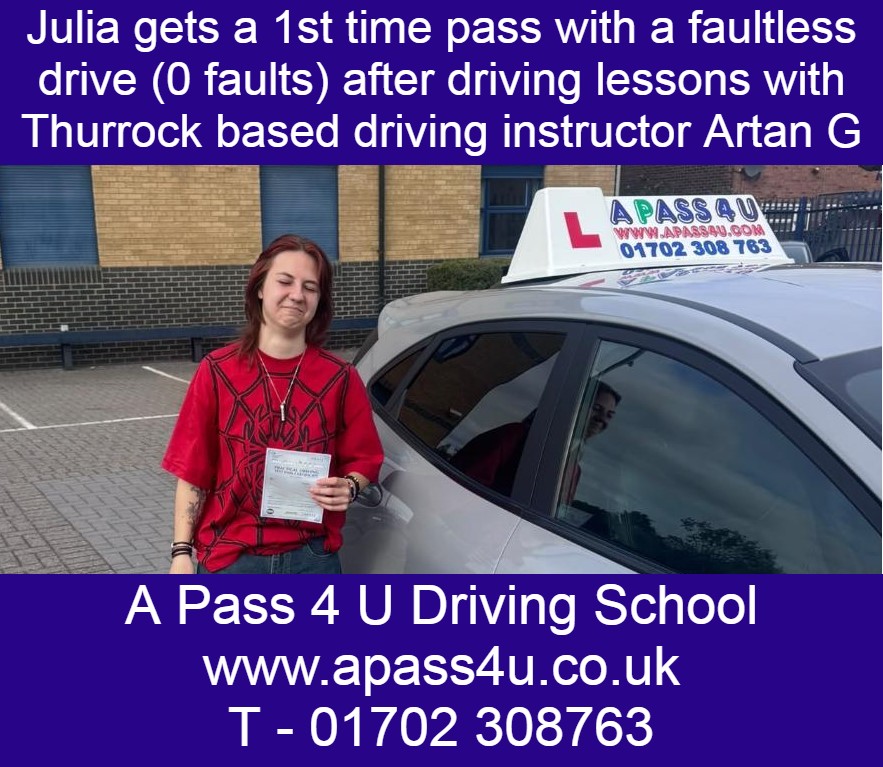Julia gets a perfect driving test pass with A Pass 4 U Driving Instructor Artan G in Tilbury, Essex. Driving Lessons available now!