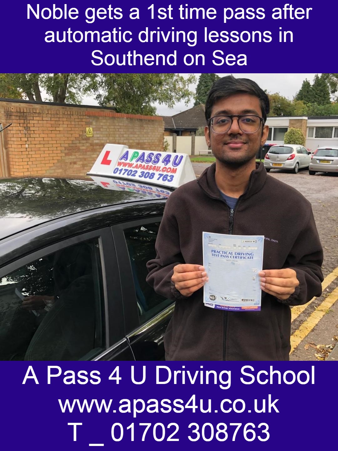 Noble J gets a 1st time pass after automatic driving lessons with automatic driving instructor Danny Mc in Southend on Sea, Essex.