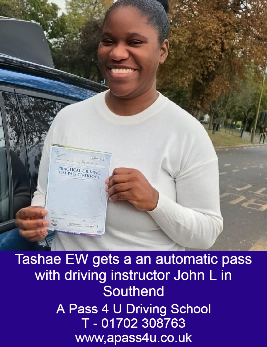 Tashae EW gets a pass with automatic instructor John L after an automatic intensive driving course in and around Southend on Sea, Essex.