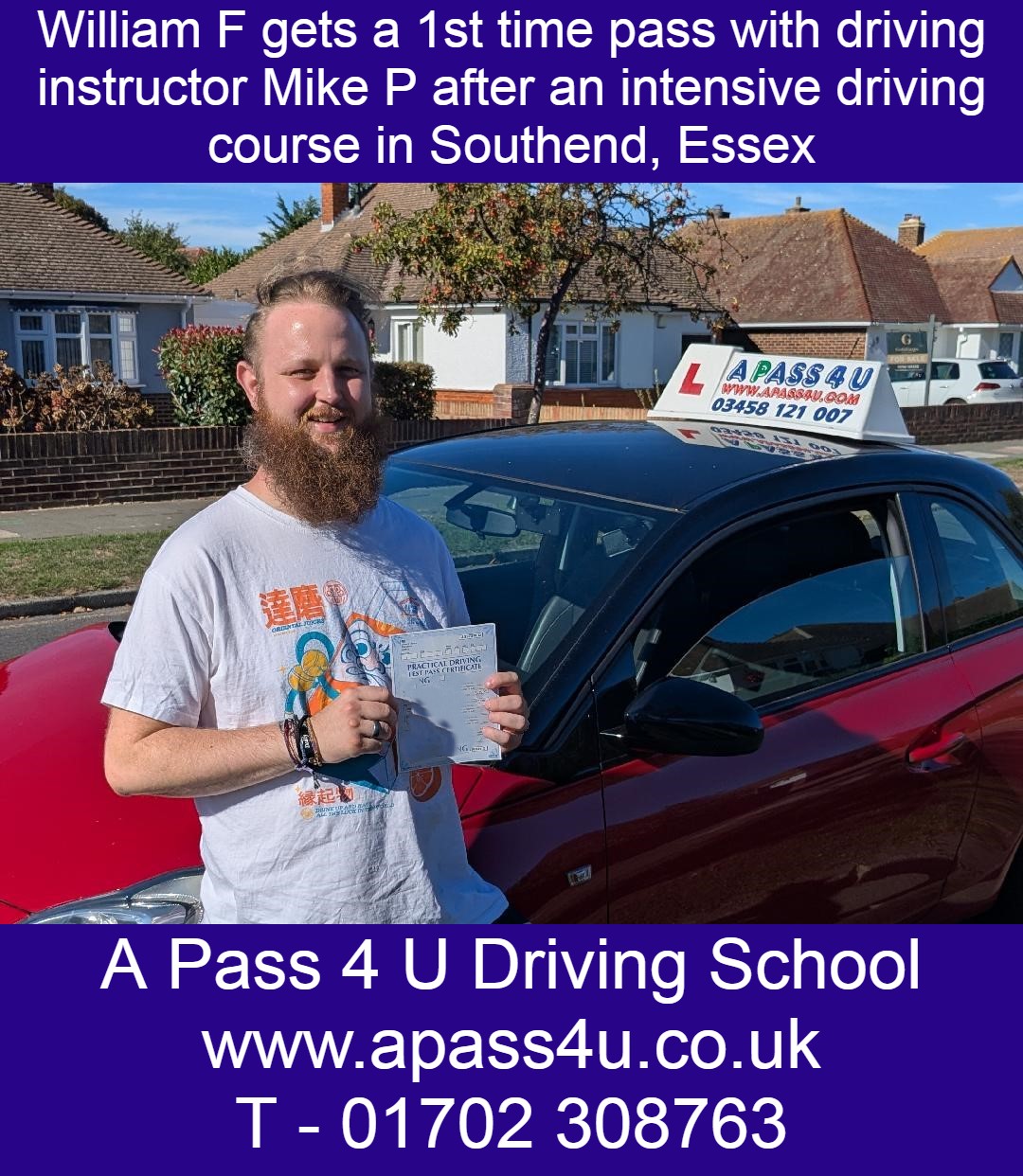 William F gets a 1st time pass after an intensive driving course with driving instructor Mike P in Southend on Sea, Essex.